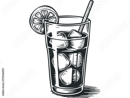 Sketch of tall glass with ice, straw, and lemon slice. Vector hand drawn illustration