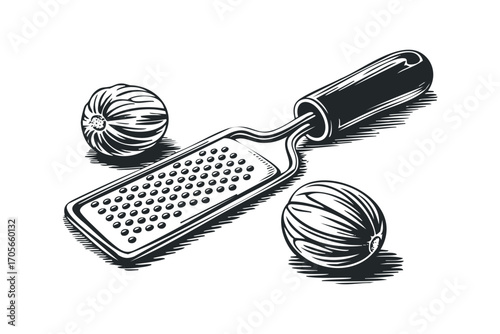 Nutmeg grater and whole nutmeg spice on a transparent background. Vector hand drawn illustration