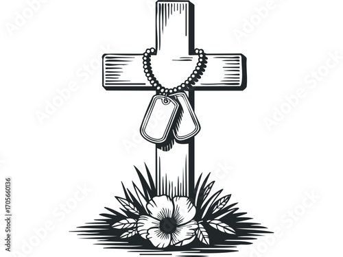 Cross with Dog Tags and Poppy Flower Emblem. Vector hand drawn illustration