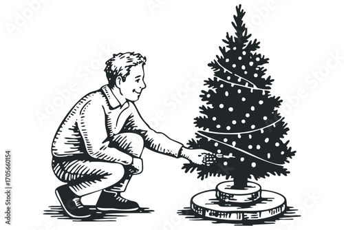 Man decorating Christmas tree with lights on a transparent background. Vector hand drawn illustration