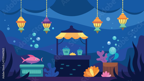Whimsical bioluminescent underwater garden with glowing flora fauna and shimmering fish vector illustration