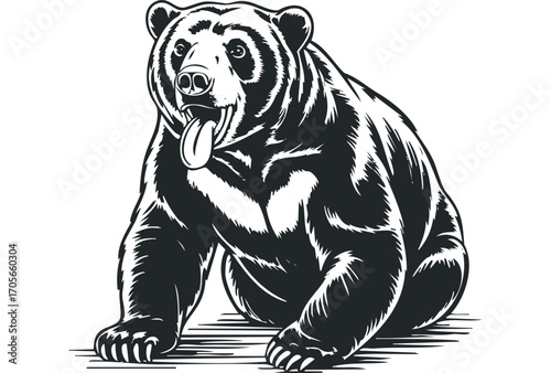 Sitting bear with tongue out. Vector hand drawn illustration