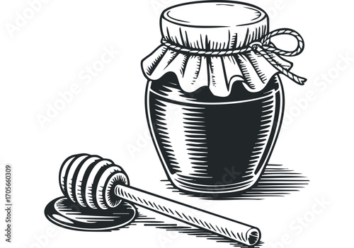 Glass jar of honey with wooden dipper on transparent background. Vector hand drawn illustration