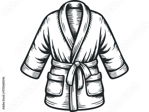 Black and White Graphic Of A Robe With Belt and Pockets. Vector hand drawn illustration