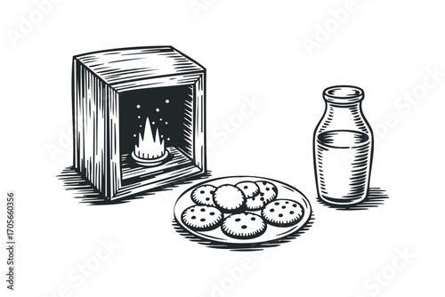 Fireside treats, cookies and milk. Vector hand drawn illustration