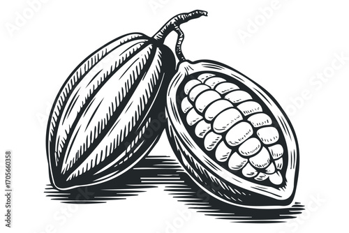 Two Cacao Pods Cut Open Showing Seeds. Vector hand drawn illustration