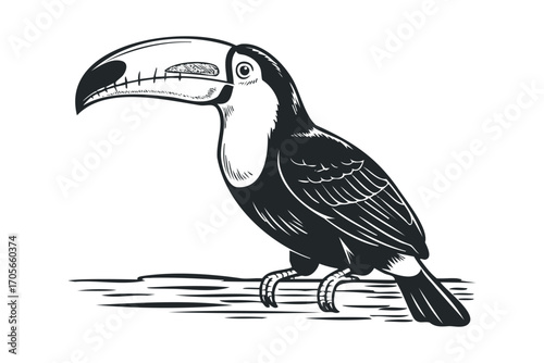 Toucan Bird Perched on Branch Isolated. Vector hand drawn illustration