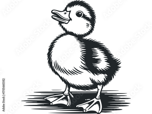 Black and white duckling with webbed feet on transparent background,. Vector hand drawn illustration