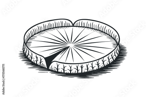 Lobed, circular water lily pad with radiating veins and scalloped edge detail. Vector hand drawn illustration