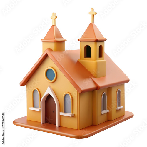 Charming 3d cartoon church building with twin spires and crosses isolated on transparent background