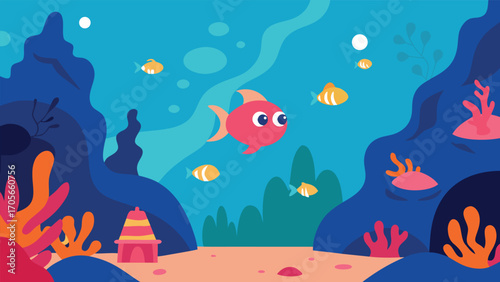 Whimsical underwater marketplace for fish trading with lanterns and coral