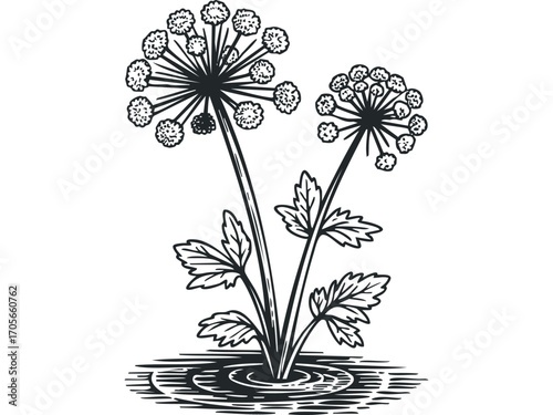 Black and white sketch of two flowering plants emerging from rippling water. Vector hand drawn illustration