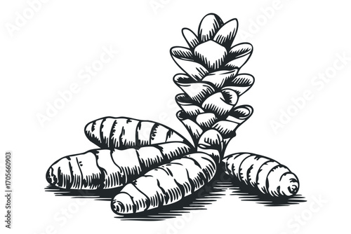 Ginger root and bloom with transparent background. Vector hand drawn illustration