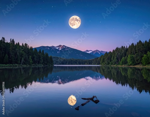 A serene lake reflects a luminous full moon, nestled amidst towering mountains under a starry night sky.
