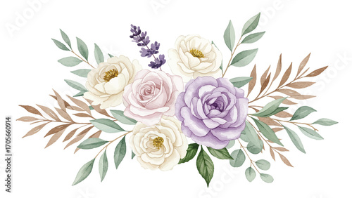 Elegant Watercolor Floral Bouquet with Roses and Lavender