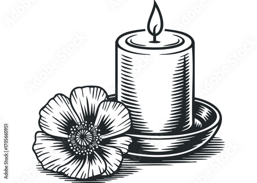 Pencil sketch of burning candle with flower and saucer. Vector hand drawn illustration