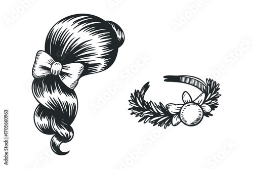 Black graphic of elegant hairstyle with bow and decorative laurel wreath. Vector hand drawn illustration