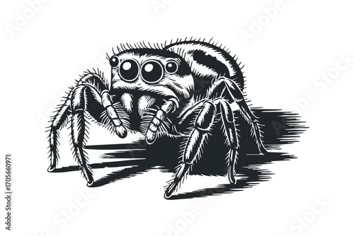 Pungent Jumping Spider with Detailed Texture. Vector hand drawn illustration