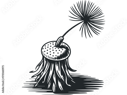 Black and white sketch of a fluffy dandelion seed head. Vector hand drawn illustration