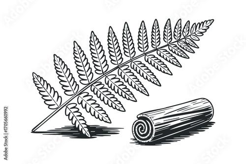 Hand drawn botanical fern frond and rolled bark graphic. Vector hand drawn illustration