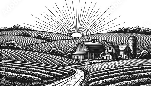 Engraved Rural Hilly Landscape with Farm – Sunrise Over Agricultural Fields, Vintage Hand-Drawn Countryside Scene, Rustic Farmland Vector Illustration for Agriculture and Organic Farming Designs