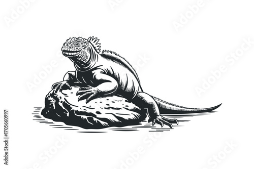 Iguana perched on rock, graphic depiction,. Vector hand drawn illustration