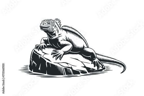 Iguana perched on a rock. Vector hand drawn illustration