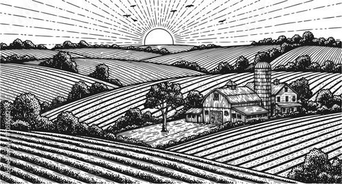 Engraved Rural Hilly Landscape with Farm – Sunrise Over Agricultural Fields, Vintage Hand-Drawn Countryside Scene, Rustic Farmland Vector Illustration for Agriculture and Organic Farming Designs