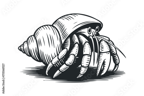 Hermit crab with seashell on transparent. Vector hand drawn illustration
