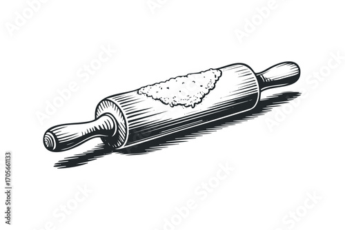 Wooden rolling pin with flour texture on transparent background. Vector hand drawn illustration