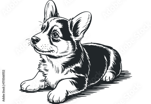 Corgi puppy lying down, black and white graphic on transparent background. Vector hand drawn illustration