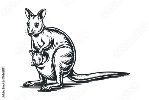 Kangaroo with joey in pouch monochrome woodcut style on transparent background. Vector hand drawn illustration