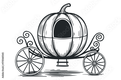 Hand drawn pumpkin carriage on transparent background. Vector hand drawn illustration