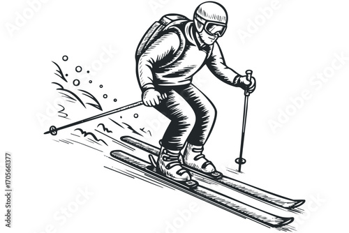 Skier descending slope on skis with poles,. Vector hand drawn illustration