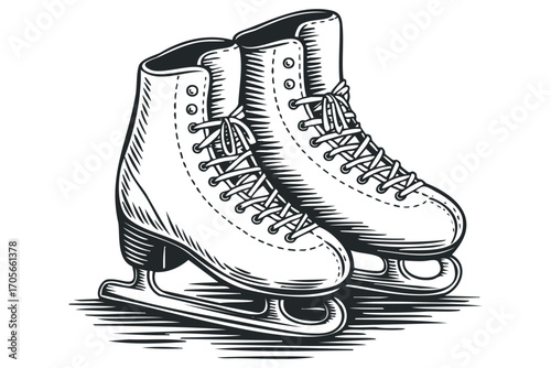 Pair of vintage ice skates with laces on transparent background. Vector hand drawn illustration