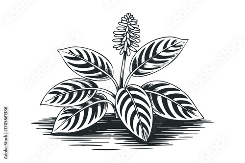 Stylized Botanical Drawing of a Flowering Plant with Striped Leaves. Vector hand drawn illustration