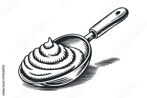 Spoon with swirl of mustard sauce on transparent background. Vector hand drawn illustration