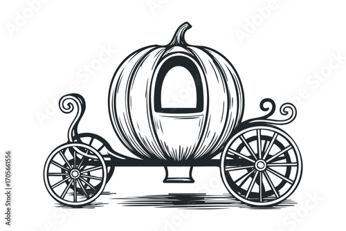 Fantasy pumpkin carriage with ornate wheels, transparent. Vector hand drawn illustration