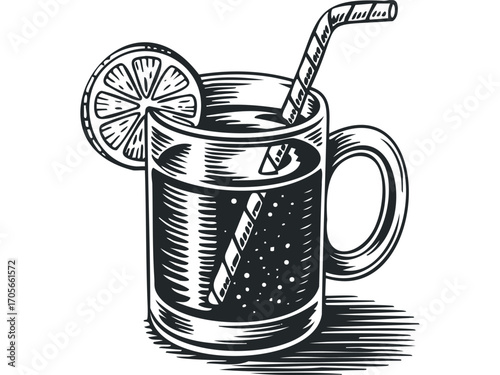 Woodcut style beverage with citrus slice and straw on transparent. Vector hand drawn illustration