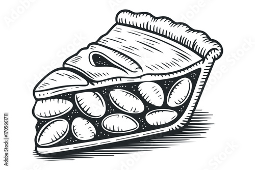 Slice of pie with fruit filling, hand-drawn graphic on transparent background. Vector hand drawn illustration
