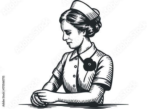 Vintage nurse portrait with hat and uniform on transparent background. Vector hand drawn illustration