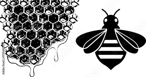 Honeycombs and Bee Vector Illustration – Sweet Honey Dripping from Honeycombs with Simplified Bee Icon on Textured Background, Natural Organic Honey Design Element for Packaging and Branding