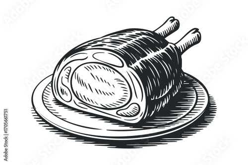 Roast Pork Loin With Ribs on Plate. Vector hand drawn illustration