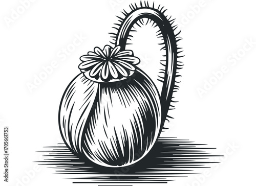 Poppy seed head graphic on transparent background. Vector hand drawn illustration