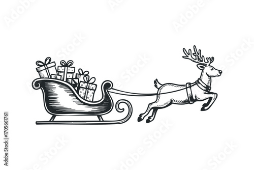 Reindeer pulling a sleigh filled with gift boxes on transparent background. Vector hand drawn illustration