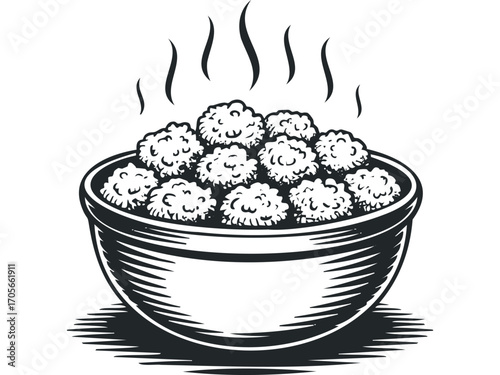 Steaming Bowl of Meatballs with Texture and Steam Lines. Vector hand drawn illustration