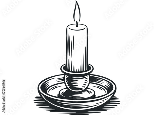 Burning candle in a vintage holder on transparent background. Vector hand drawn illustration
