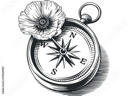 Vintage compass with poppy flower outline. Vector hand drawn illustration