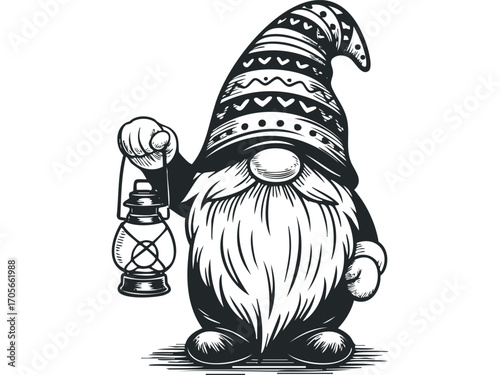 Gnome holding lantern on transparent. Vector hand drawn illustration