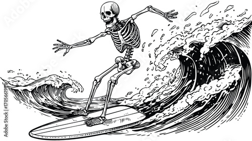 Skeleton Surfing Vector T-shirt Design for Adventure Enthusiasts